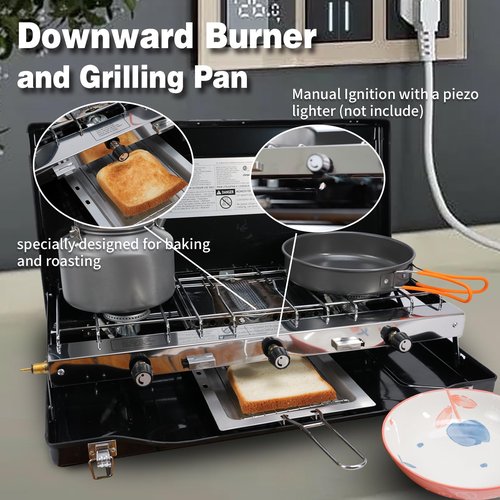 CampingFlame 3-Burner Propane Camping Stove - Portable Stove with Adjustable Burners, Wind Guards, Toast Tray, 20,400 BTUs for Camping, Tailgating, BBQ, Picnics