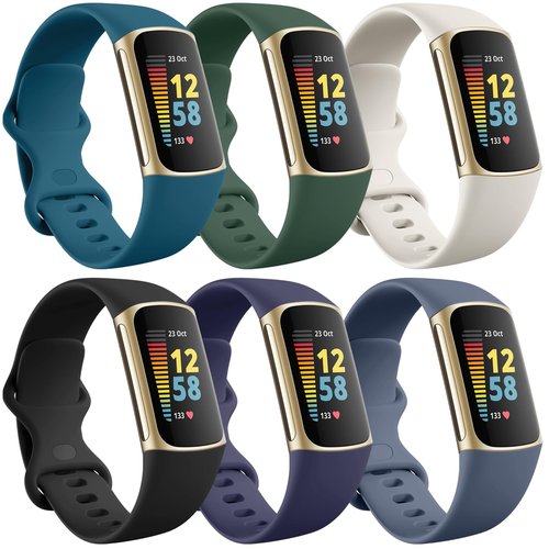 Ouwegaga Compatible with Fitbit Charge 6/Charge 5 Bands, Soft Waterproof Sport Replacement Wristbands, 6 Pack Large