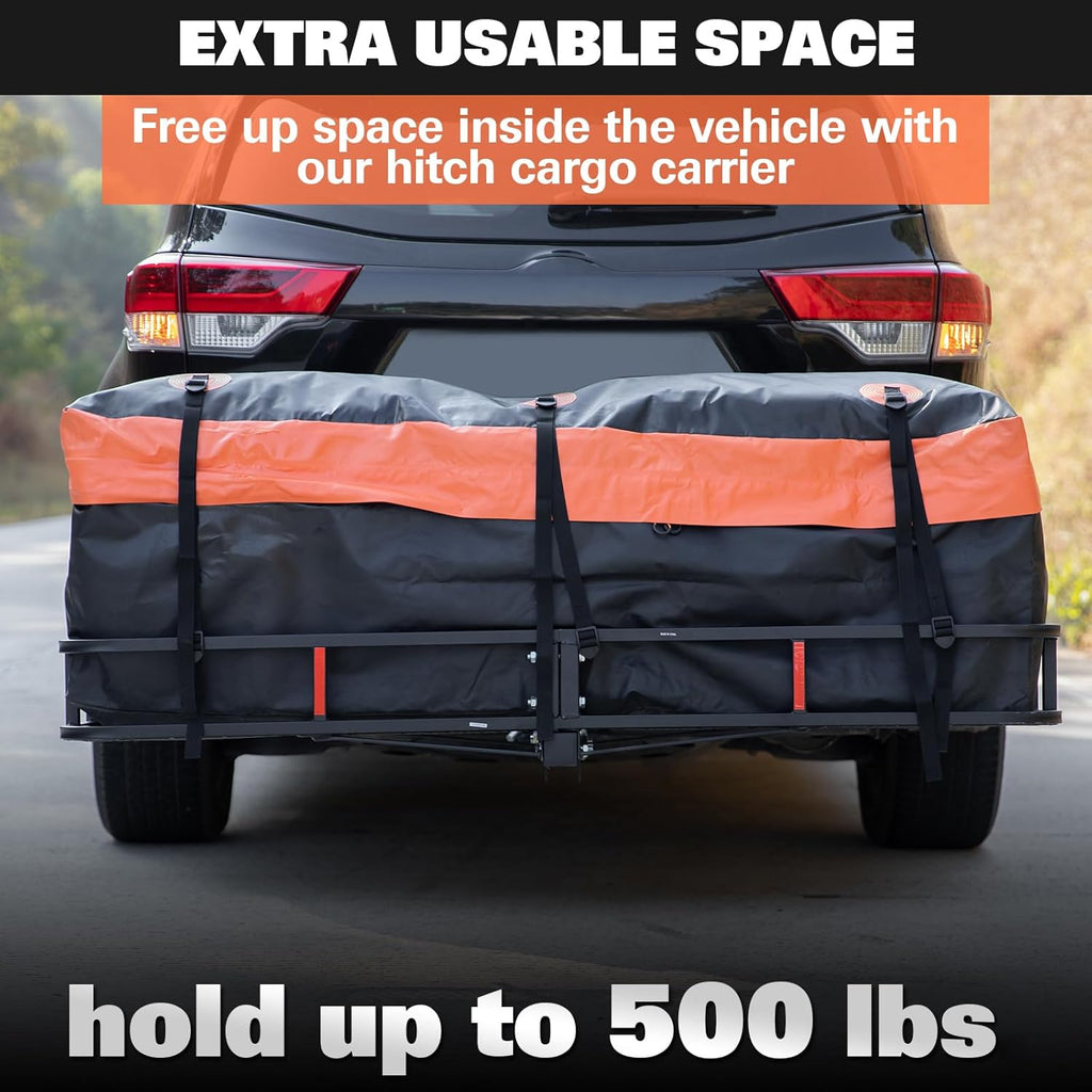 WEIZE Folding Hitch Mount Cargo Carrier - 60" x 20" x 6" with Waterproof Bag & 500 lbs Capacity