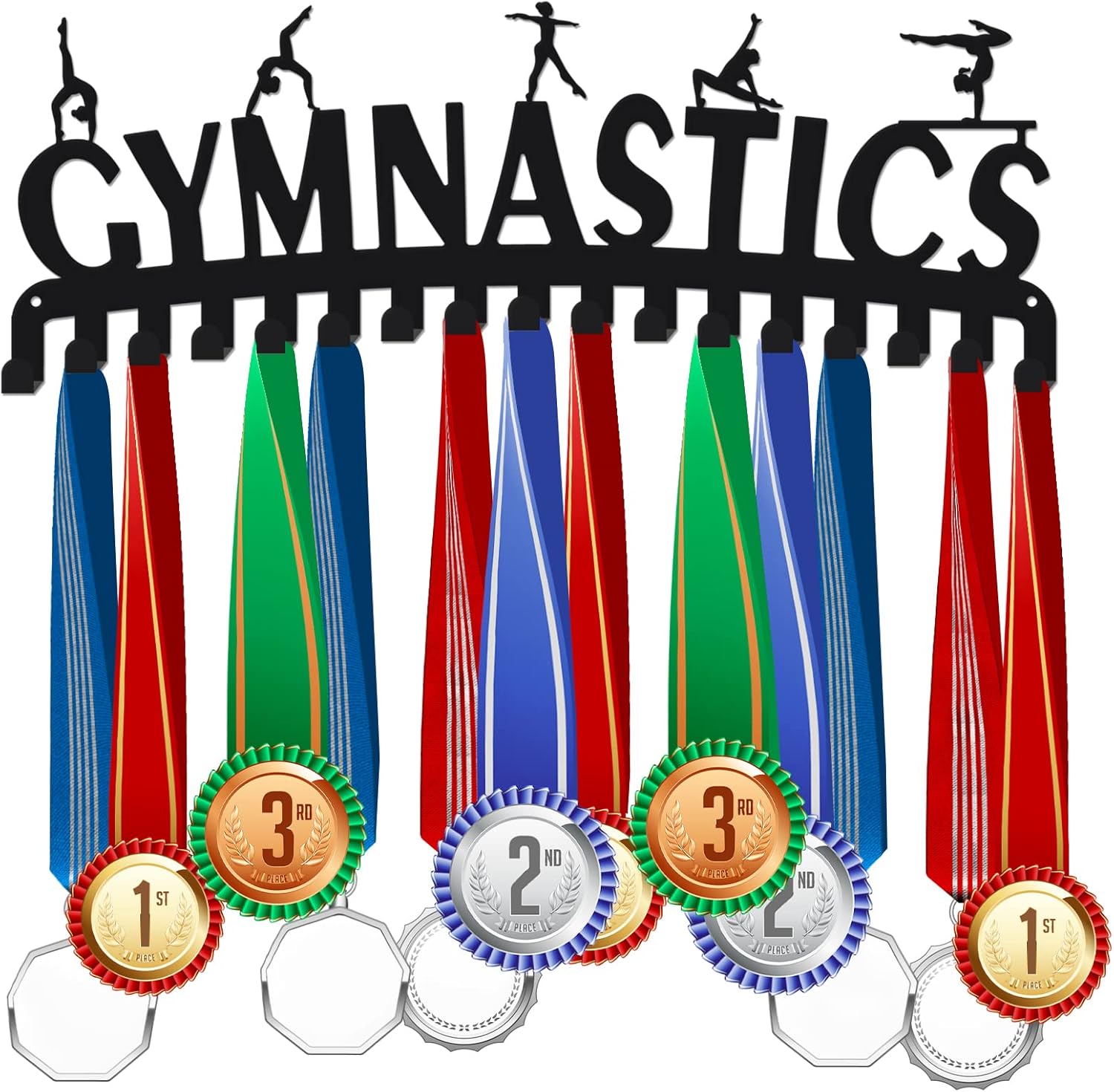 SUPERDANT Women's Gymnastics Sports Medal Holder Display Hanger Metal Wall Mount with 17 Hooks for 60+ Hanging Display Competition Holder Wall Hanging Rack Gifts for Athletes 15.75x6in