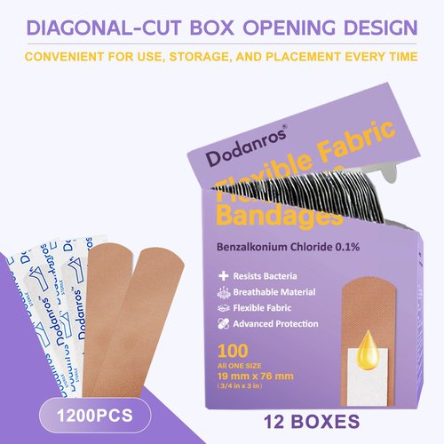 Dodanros Bulk Case of 1200 PCS Flexible Fabric Bandages, 3/4" x 3",Individual 12 Box Packaging,Include 0.1%Benzalkonium,Sterile, Breathable | Use for School, Hospital, Businesses, and First Aid Kits.