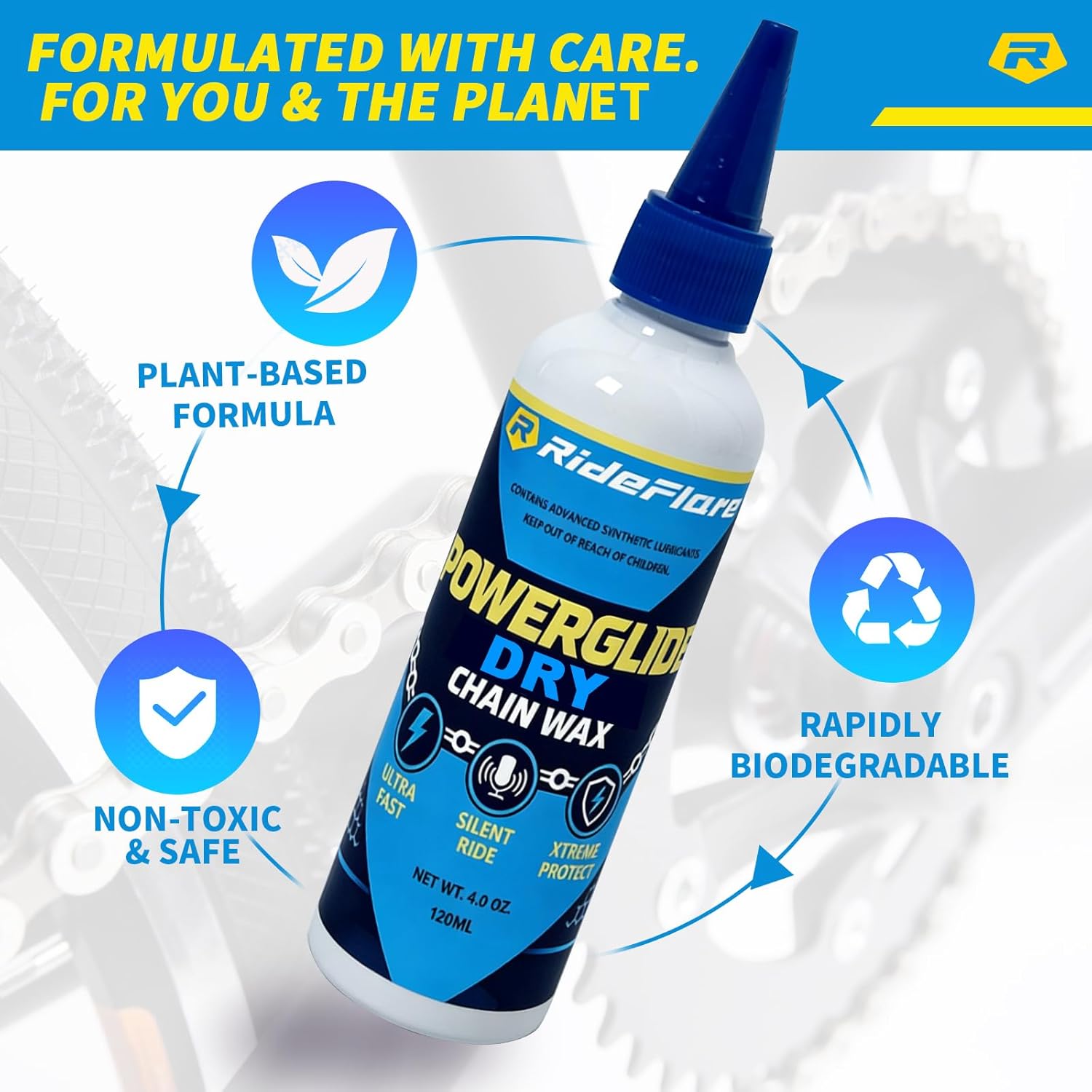 RideFlare POWERGLIDE Dry Bike Chain Wax - Ultra Fast, Silent Lube | 60ml / 2oz, Eco-Friendly, Dust & Mud Repellent