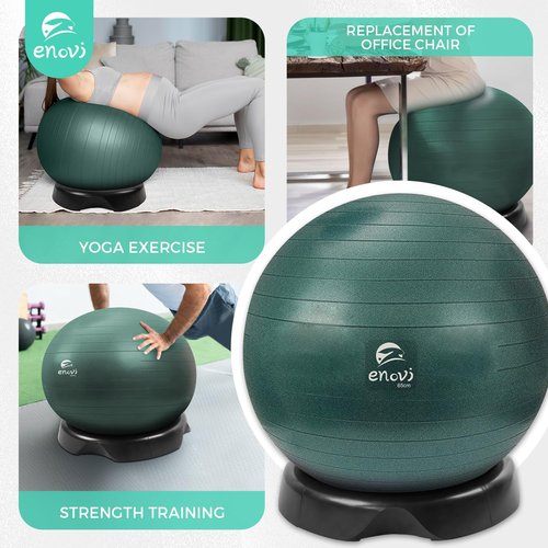 ENOVI EasyBalance Exercise Ball, Yoga Ball, with Base & Pump Set, 65cm, Pineneedle Green