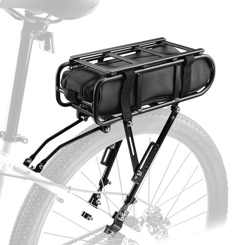Aluminum Rear Bike Rack - Universal Adjustable Touring Carrier with 55lbs Load Capacity, Quick Release System & 5L Waterproof Multifunctional Bag