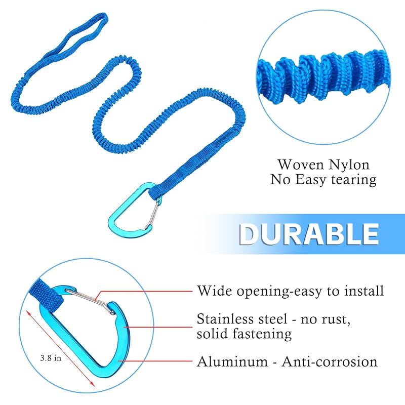 Kayak Paddle Leash 3.3-5 ft Tether with Aluminum Carabiner - 2Pcs Blue