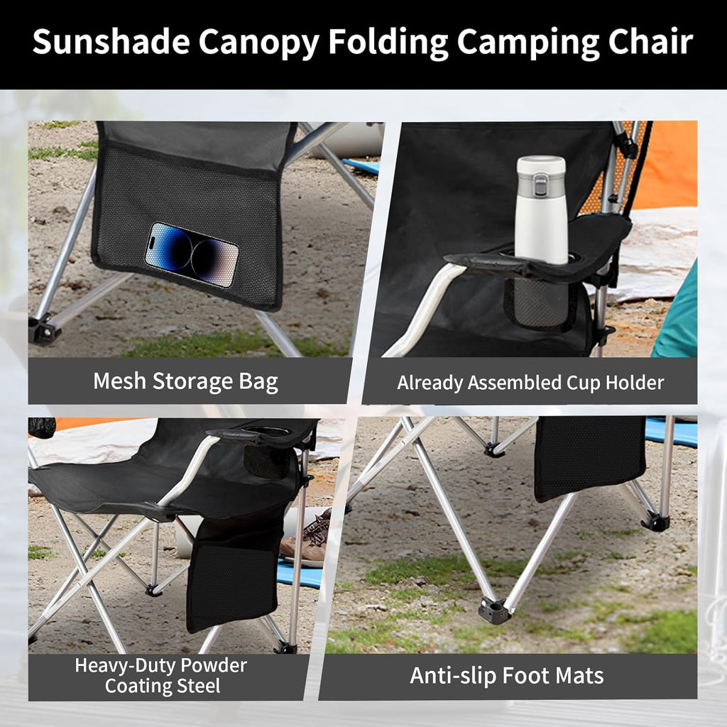 Skiennix Portable Camping Chair - Folding Lounge Chair with Canopy Shade & Cup Holder | Supports 330 LBS (Black)