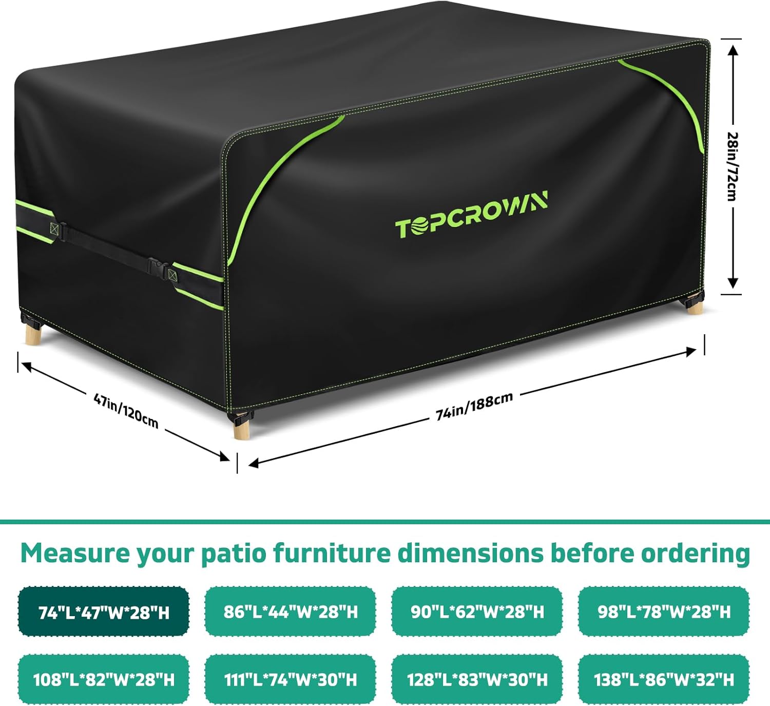 Topcrown Patio Furniture Covers - Waterproof Anti-UV Oxford Fabric with Double Airflow Vents | 74"L x 47"W x 28"H, Black & Green