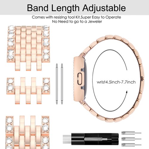 MOFREE Compatible for Fitbit Versa 4 Bands/Fitbit Sense 2 Bands Women with Hard Bling Bumper Protective Case Cover, Dressy Jewelry Diamond Rhinestone Metal Wristband for Fitbit Versa 4/Sense 2 (Rose