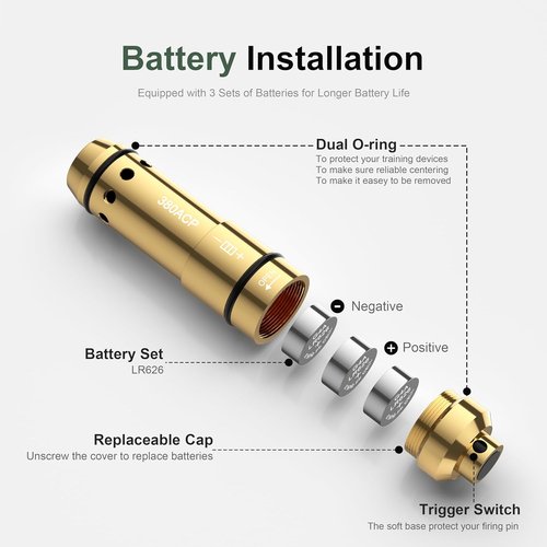380ACP Laser Training Cartridge - Dry Fire Practice System with 3 Batteries & Rubber Snap Caps