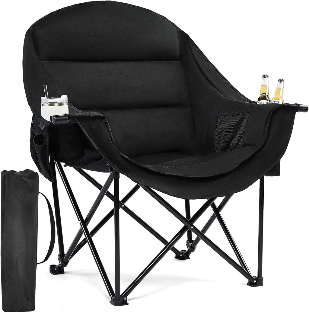 Skiennix Oversized Camping Chair - Heavy Duty Padded Folding Lawn Chair with Cup Holder | Supports 500lbs, All Black