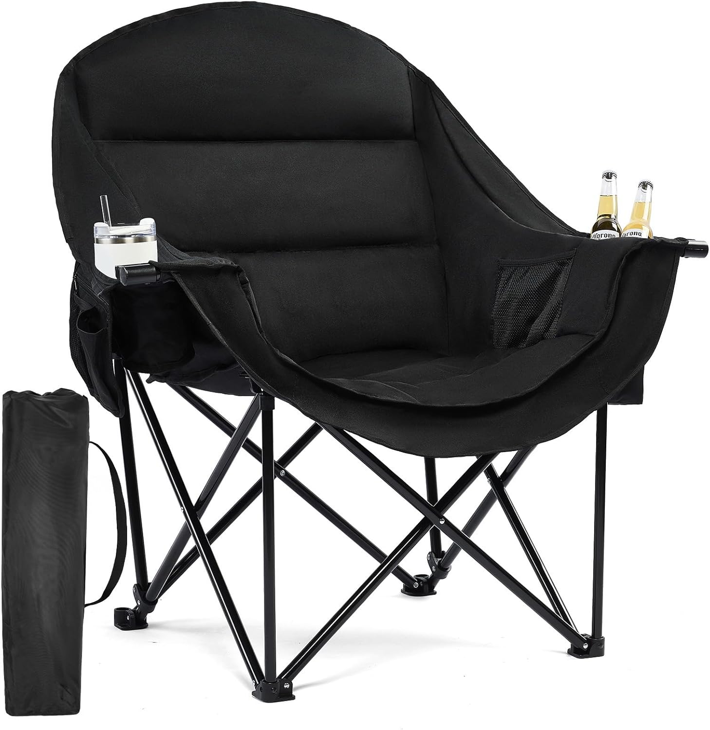 Skiennix Oversized Camping Chair - Heavy Duty Padded Folding Lawn Chair with Cup Holder | Supports 500lbs, All Black