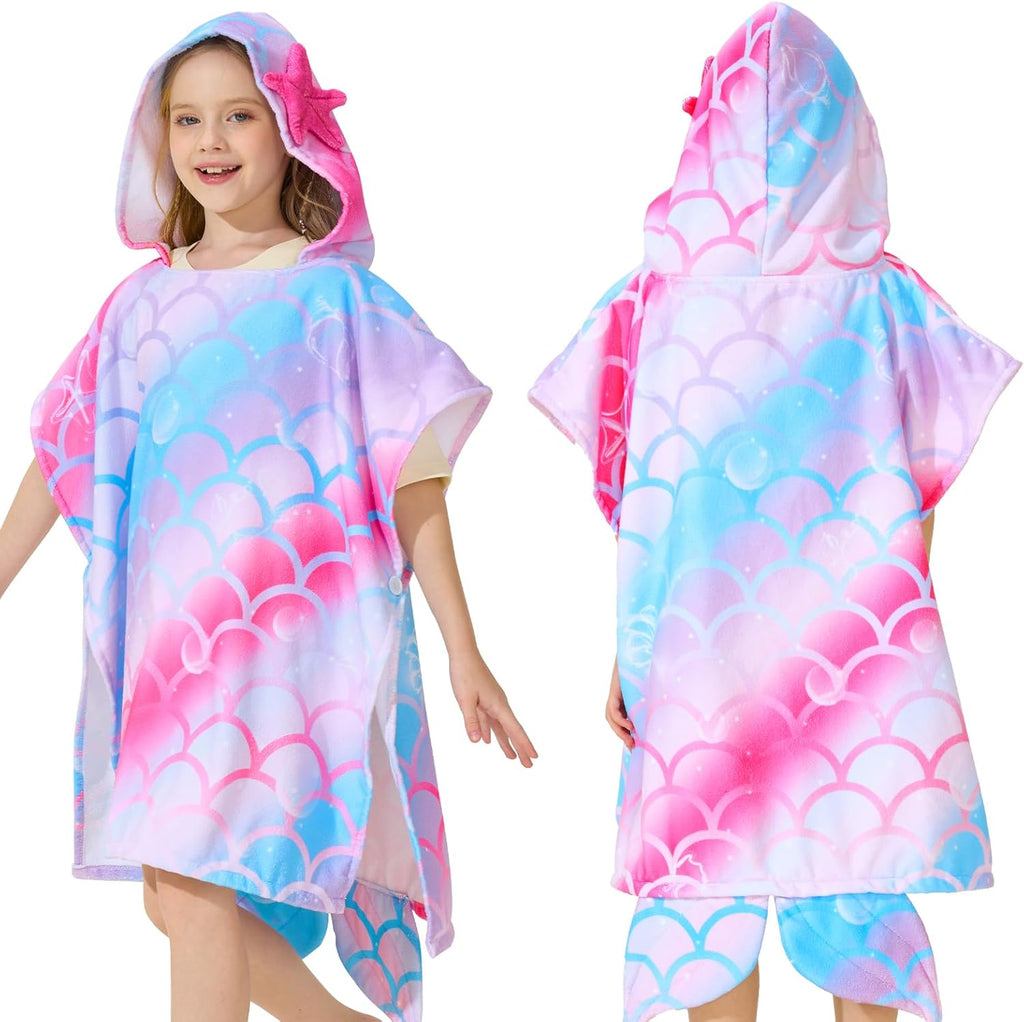 WERNNSAI Mermaid Hooded Beach Towel - Soft, Quick-Dry Poncho for Kids | 27" x 27" Sand-Free Design