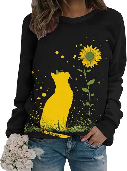 LOAIHA Women's Artistic Print Sweatshirt - Long Sleeve Crewneck Casual Pullover for Spring/Fall