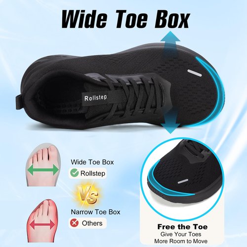 Rollstep Wide Toe Box Shoes Women Sneakers Extra Wide Width Arch Support Non-Slip Tennis Athletic Ultralight Running Shoes for Women Walking Diabetic Plantar Fasciitis Footwear All Black 40