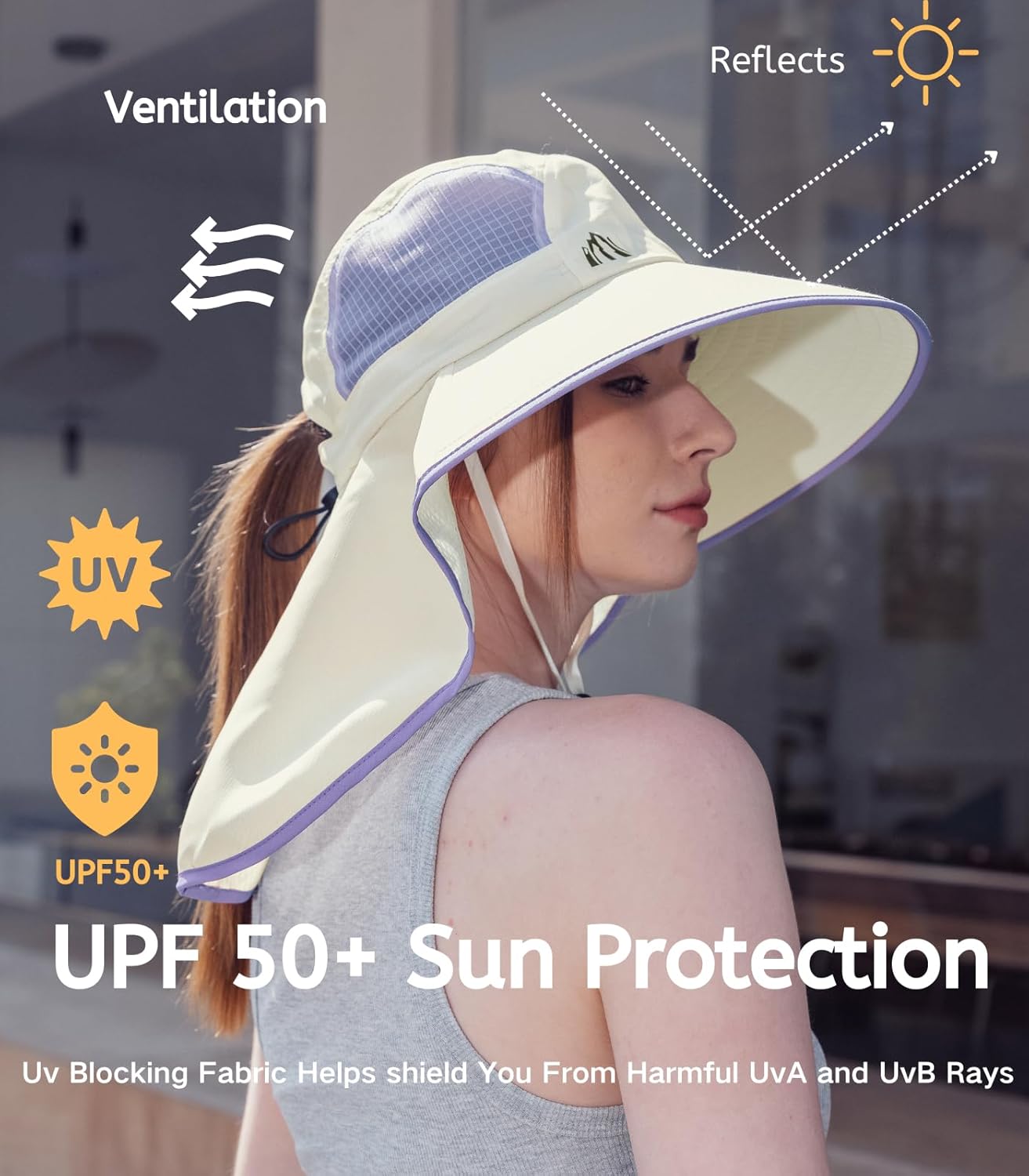 Skiennix UV Sun Protection Hat - Foldable Wide Brim with Neck Flap & Ponytail Hole for Women