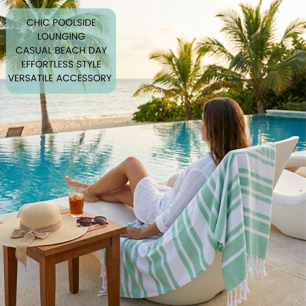 Turkish Beach Towels Set of 4 - Oversized 40x70 Inch Cotton Quick-Dry Towels | Sand-Free Aqua Blue