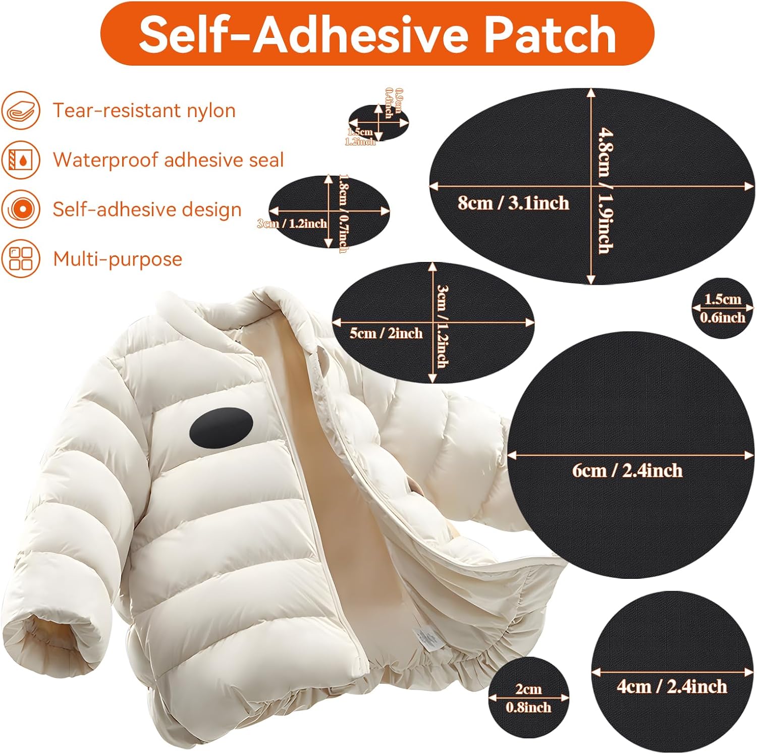 WILDREEDS Waterproof Down Jacket Repair Patches - 12Pcs Self-Adhesive, Tear-Resistant Nylon | Black