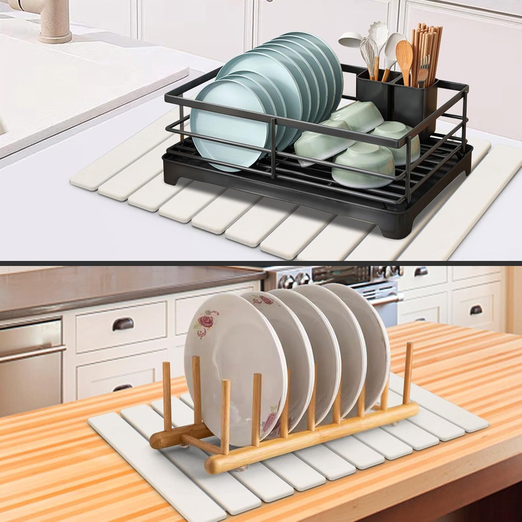 Large Stone Dish Drying Mats for Kitchen Counter, Quick Dry Collapsible Dish Drying Mat, Eco-Friendly Absorbent Foldable Diatomaceous Earth Mats for Dishes Bottles Cups, Match Any Countertop, 23"×15"