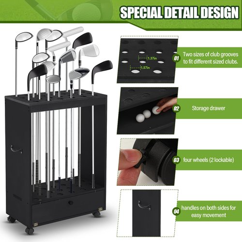Silipull 27 Hole Golf Club Stand Holder Wooden Golf Club Organizer Putter Display Rack with Storage Drawer and Wheel for Indoor Home Office Simulator Garage(Black)