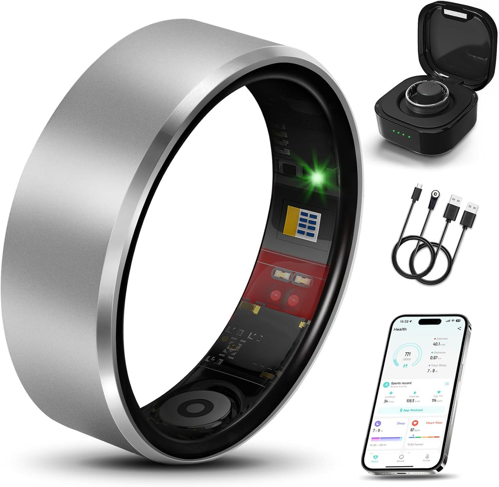 Smart Health Ring 2.0 - Slim Fitness Tracker for Heart, Blood Oxygen & Sleep Monitoring | Waterproof Silver