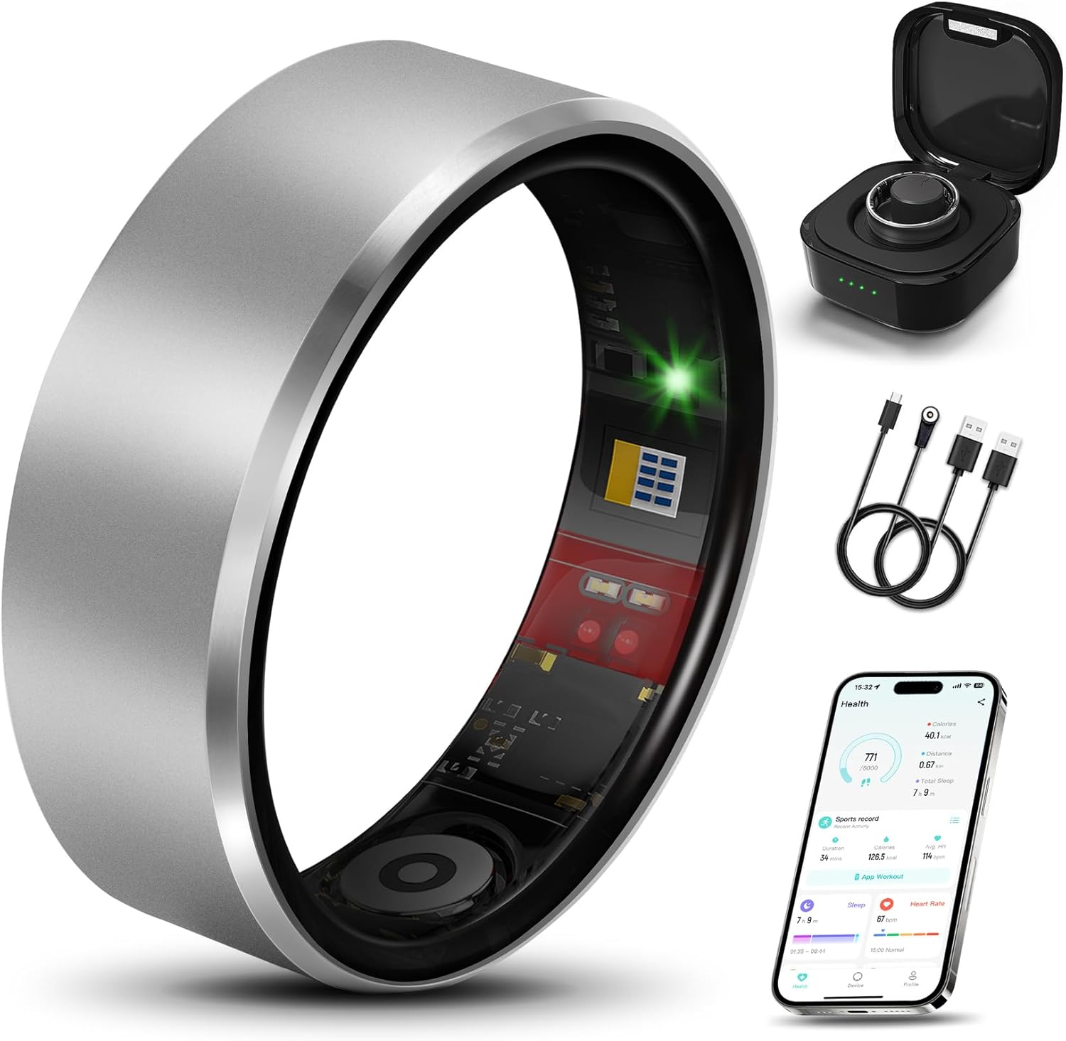 Smart Health Ring 2.0 - Slim Fitness Tracker for Heart, Blood Oxygen & Sleep Monitoring | Waterproof Silver