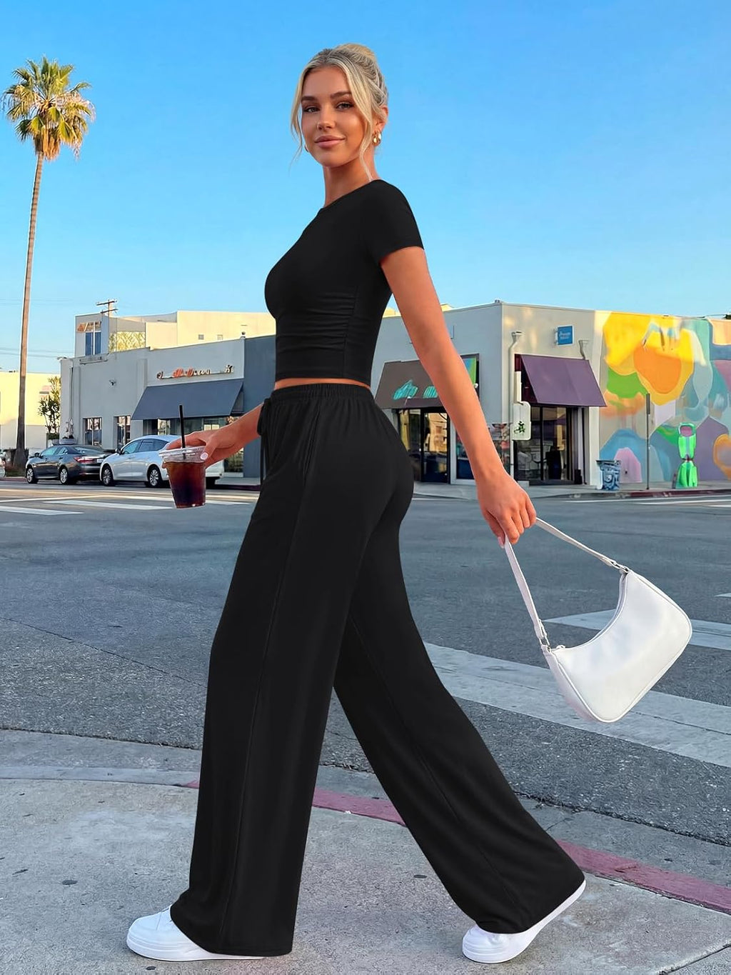Trendy Queen 2 Piece Summer Sweatsuit - Women's Crop Top & Wide Leg Pants Set