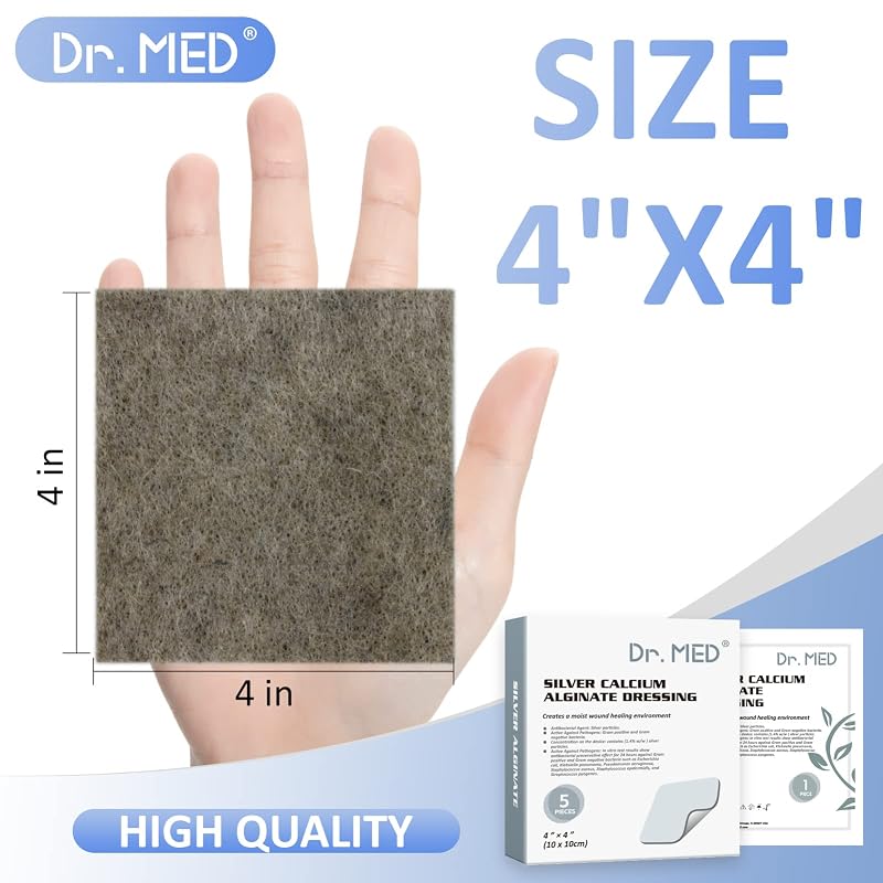 Dr. Med Silver Calcium Alginate Wound Dressing 4"x4" - 5 Pack Non-Adhesive Absorbent Gauze