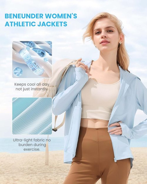BENEUNDER Women's Lightweight UPF 50+ Sun Protection Hoodie Jacket - Long Sleeve Activewear for Outdoor Workouts