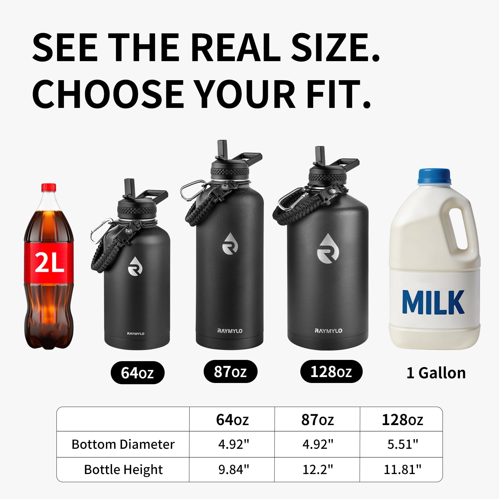 RAYMYLO Insulated Water Bottle 87 oz, Triple Wall Vacuum Stainless Steel (Cold for 48 Hrs), Leak Proof & Non-BPA, Modern Water Flask Jug with Paracord Handle & Straw Spout Lids, Ombre: White/Black