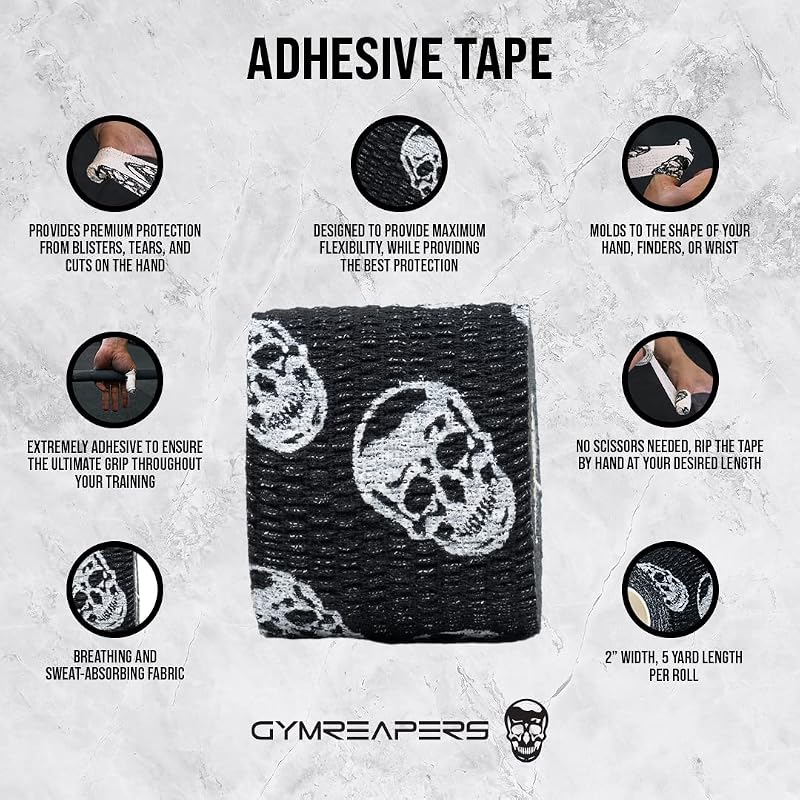Gymreapers Hook Grip Weightlifting Tape (3 Pack) Black - 2” Sweat-Proof Skull Tape for Thumb Protection