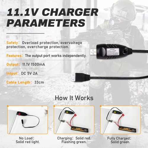 VICMILE 3S Airsoft Battery 30C 11.1V 1400mAh Dean-Style T Plug with 11.1V USB Charger Fit for Most Airsoft Model Guns Gel Water Bead Blaster