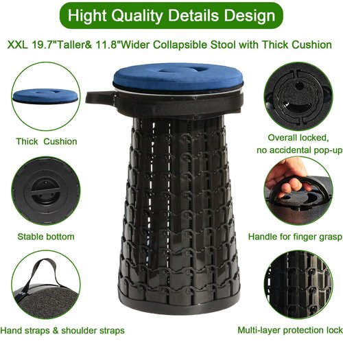 2026 Upgraded XXL Collapsible Stool with Thick Cushion,19.7"H-11.8"D Telescoping Folding Stool for Adults, More Sturdy Camping Stools with Load Capacity 1000lbs for Outdoor,Garden,Fishing,Hiking