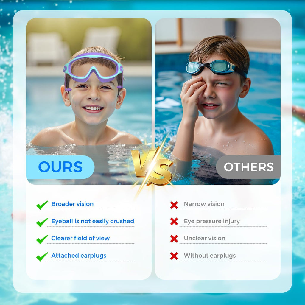 Skiennix Swim Goggles for Kids 3-15 | Large Frame, Anti-Fog & UV Protection - 2 Pack with Earplugs