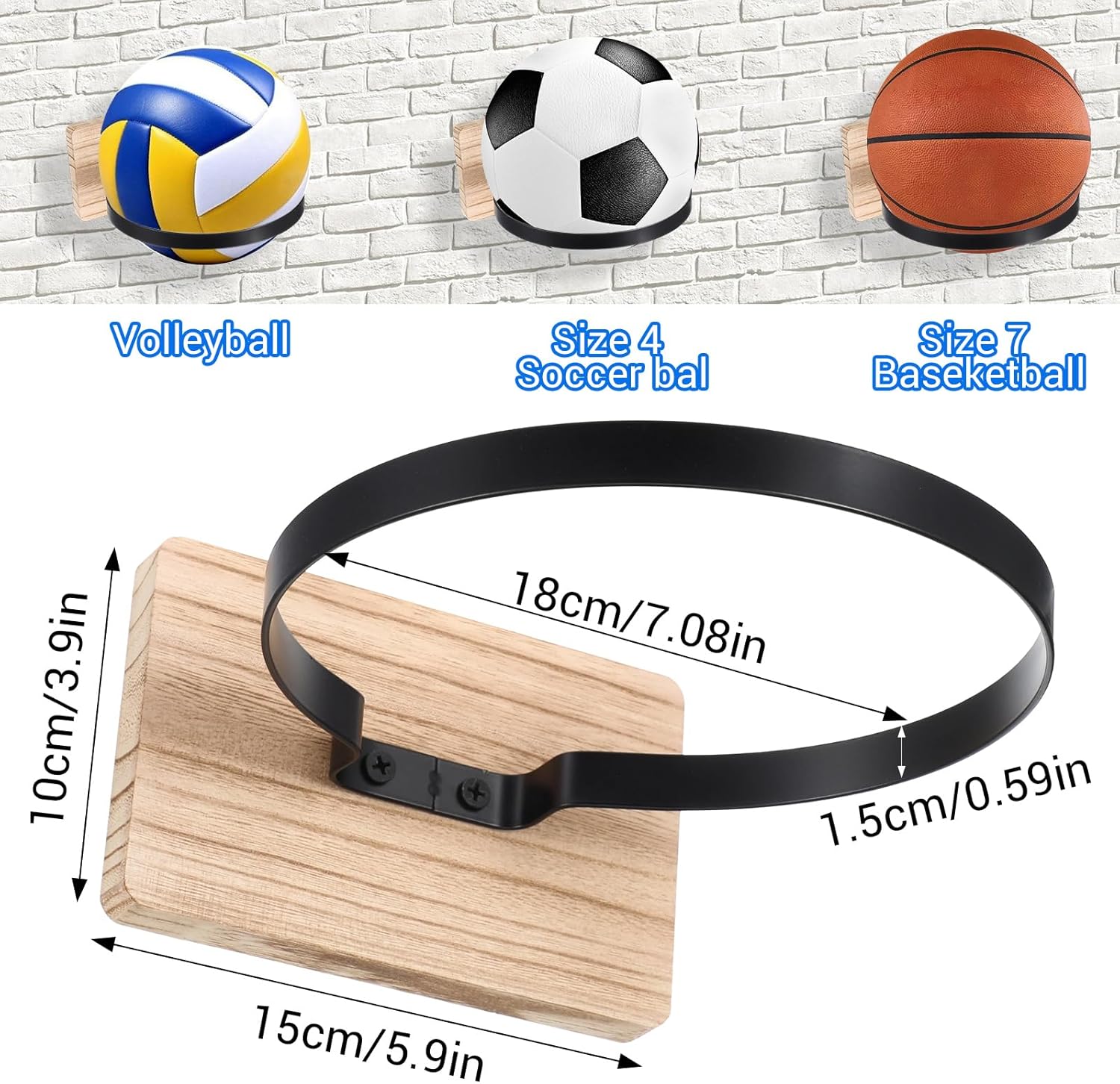 Skiennix Wall Mount Ball Holder - Wooden Base Sports Display Rack for Basketball, Football, Soccer, Volleyball