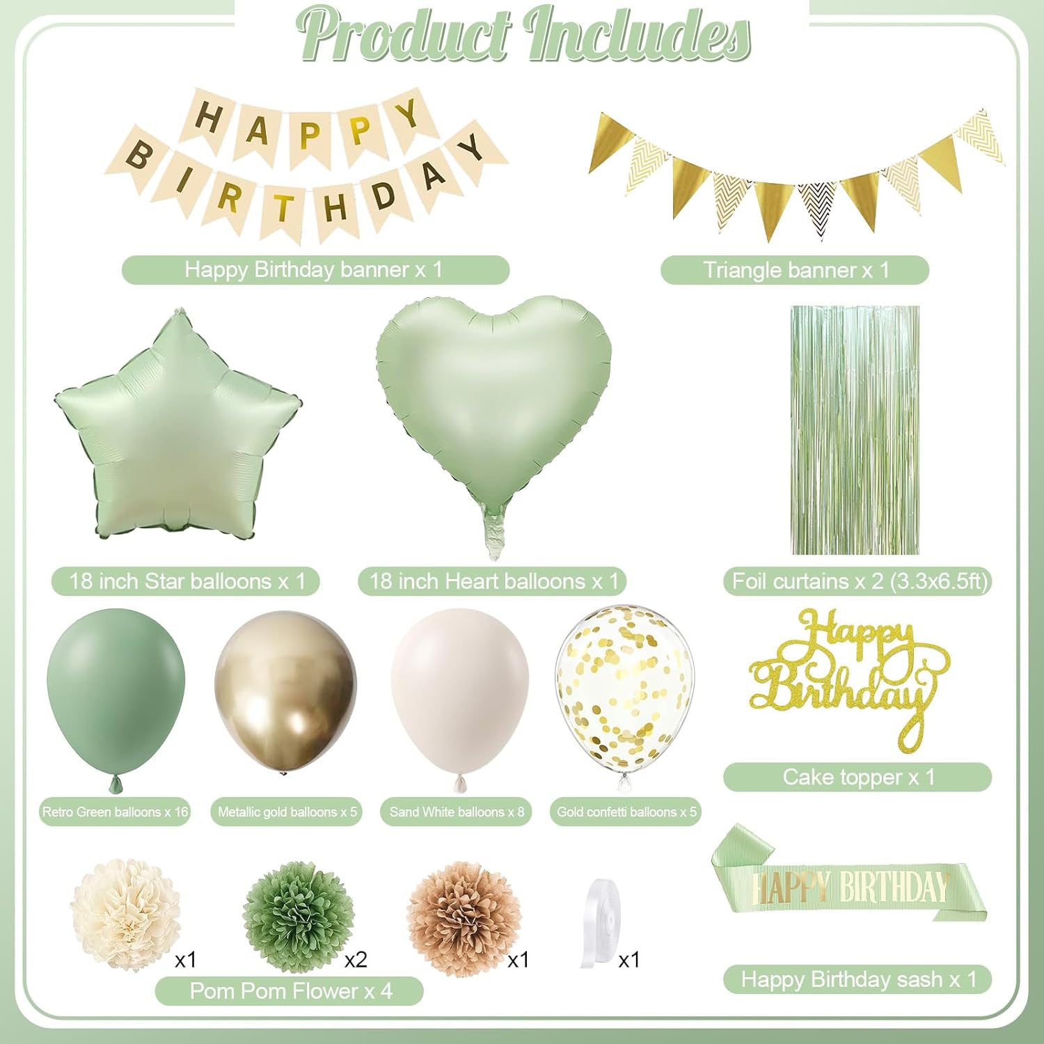 Sage Green Birthday Decorations - Elegant Foil & Latex Balloons, Happy Birthday Banner & Cake Topper | Perfect for Women & Girls
