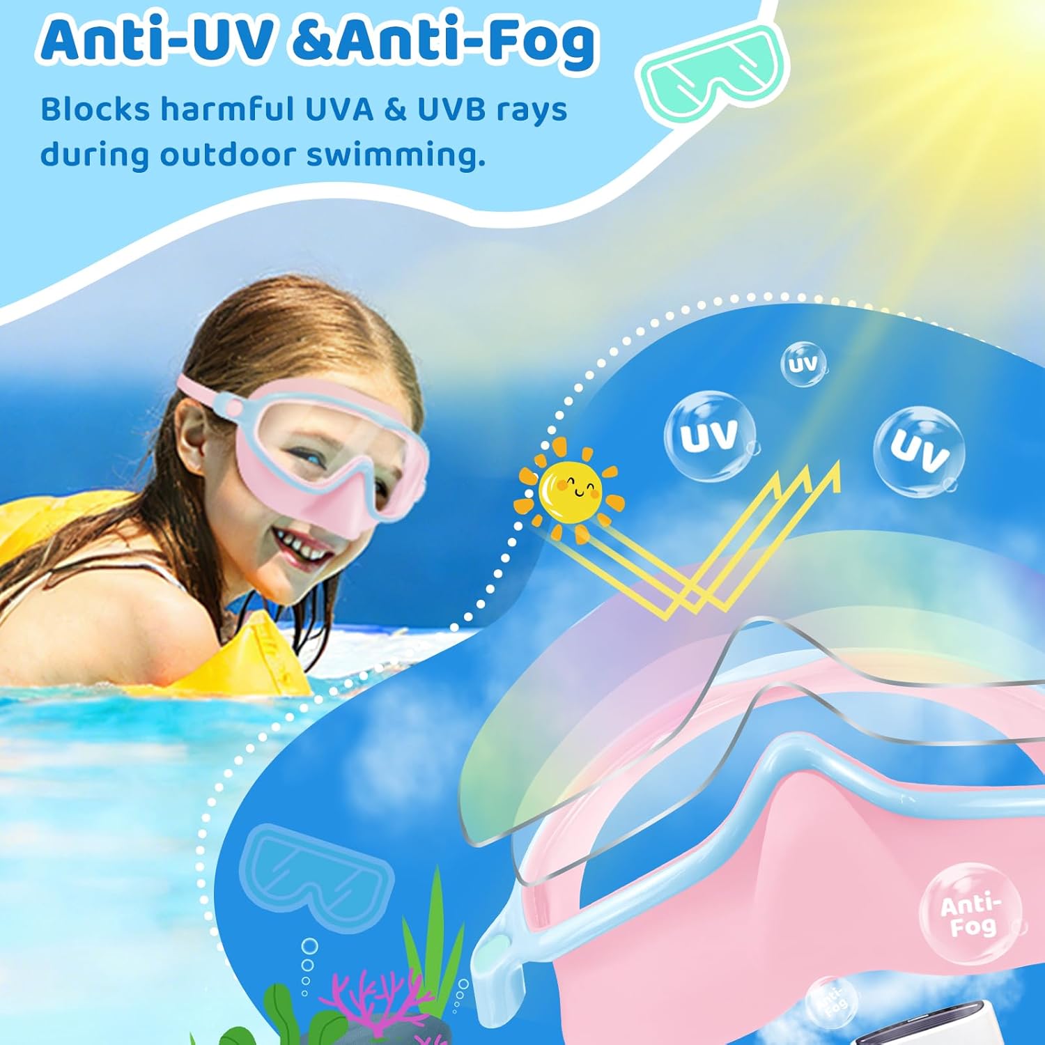 Vvinca Kids Swim Goggles - 2 Pack with Nose Cover | Anti-Fog UV Protection for Ages 3-14