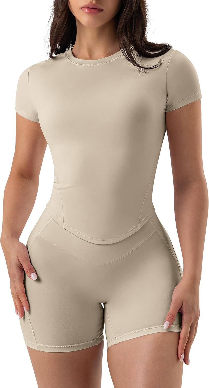 AVGO Short Sleeve Workout Tops - Cropped Slim Fit Athletic Shirts for Running & Yoga | Soft Gym Tees