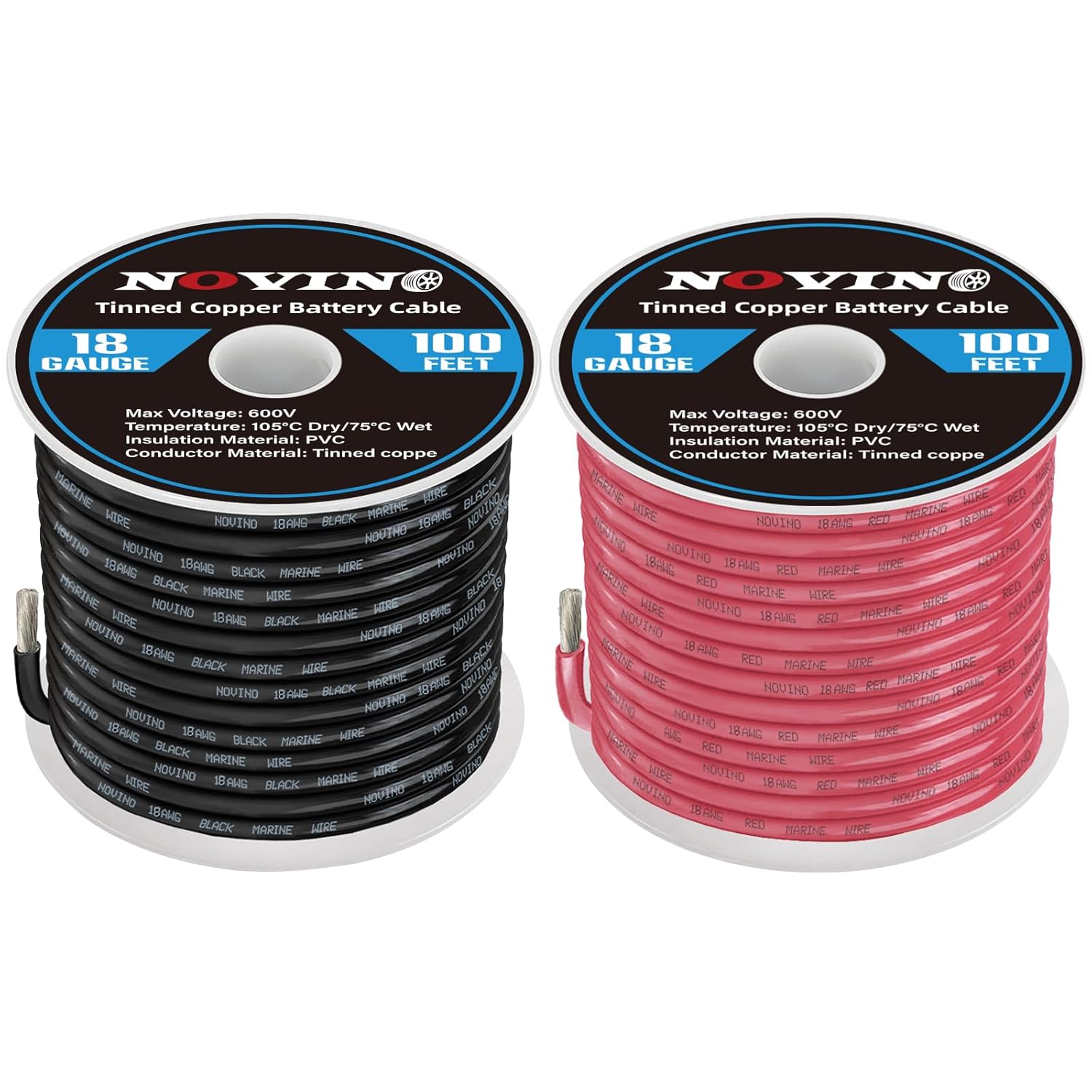 18 Gauge Marine Wire - 100FT Red & 100FT Black Tinned Copper Cable for Boats, RVs & Trailers