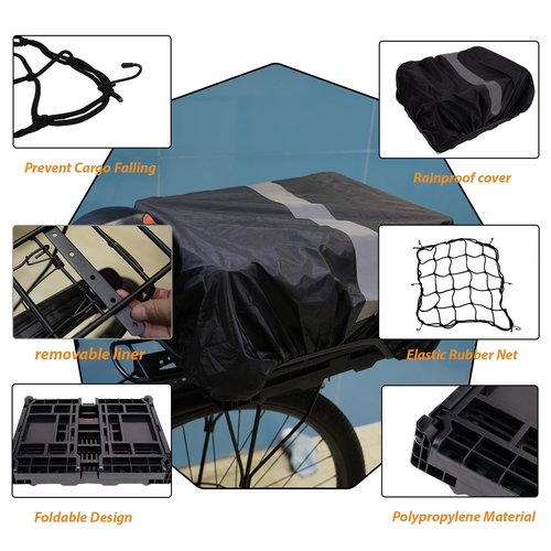 RidingRush Bike Basket Rear – Folding Large Capacity Bicycle Storage Basket with Waterproof Cover, Collapsible Bike Milk Crate for Shopping, Outings, and Pet Transport, Great for E-Bikes, Black