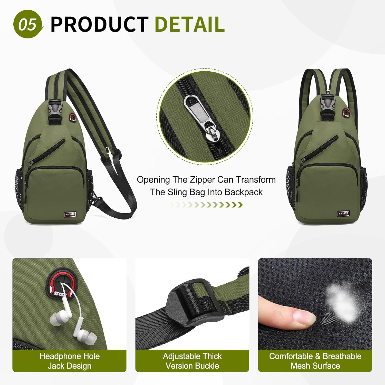 Skiennix Convertible Sling Bag - Lightweight Crossbody Backpack for 11" Tablet | Dark Green