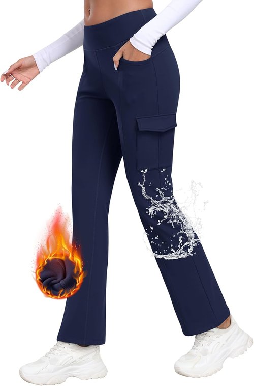 MoFiz Women's Fleece Lined Pants Winter Thermal Water Resistant Crossover Flare Leggings Warm Hiking Outdoor Sweatpants Navy L