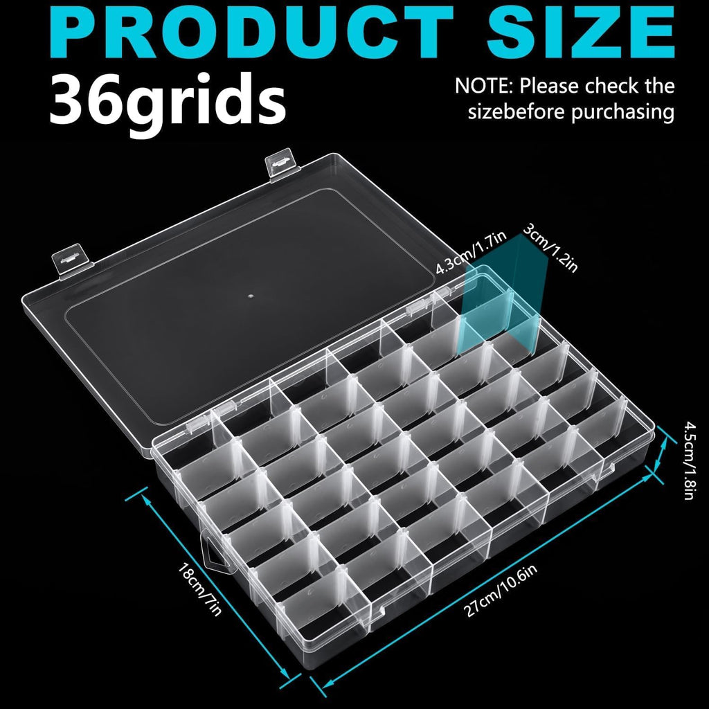 Skiennix Clear Plastic Storage Box - Rectangular Organizer for Beads, Jewelry & Crafts | 36 Grids with Labels
