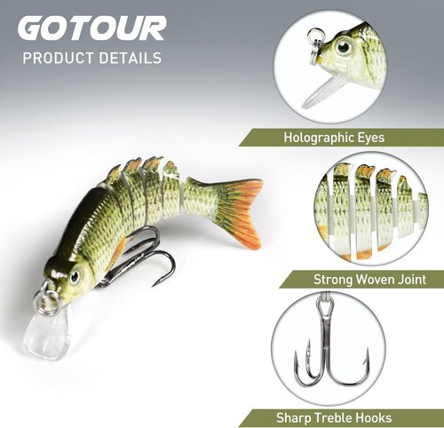 GOTOUR Fishing Lures for Freshwater or Saltwater, Easy to Use for Family Fishing Beginner and Pros, Most Lifelike Jointed Swimbait，Slow Sinking Bass Pike Panfish Walleye Lures, Fishing Gifts for Men