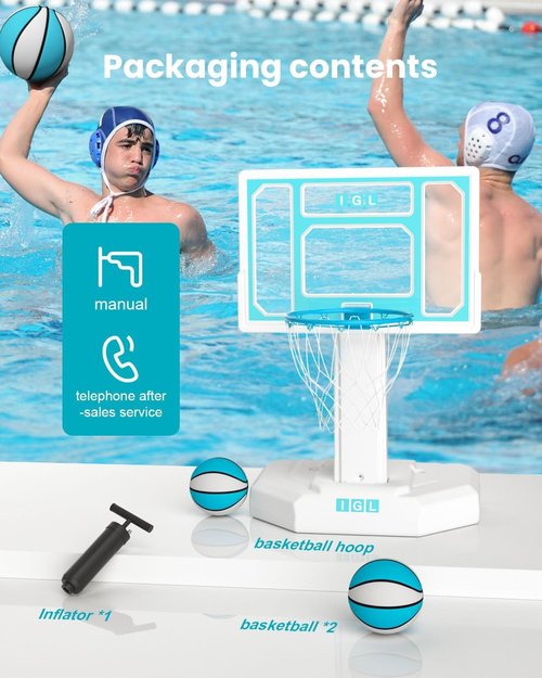 IGL Pool Basketball Hoop - Durable Outdoor Poolside Design with Water Storage Base & 2 Balls | Stainless Steel Rim