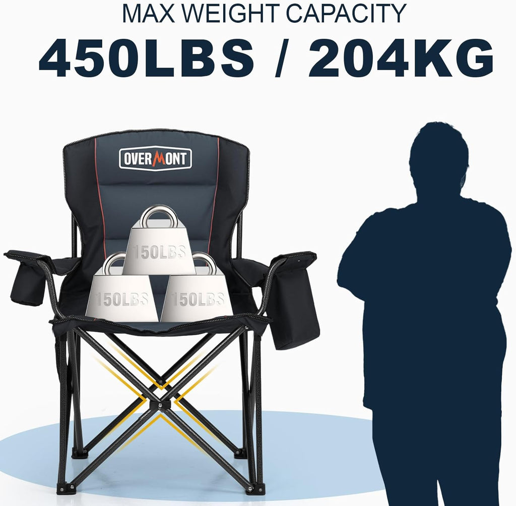 Overmont Oversized Camping Chair - 450lbs Capacity with Padded Cushion & Cooler Pockets | Heavy-Duty Design