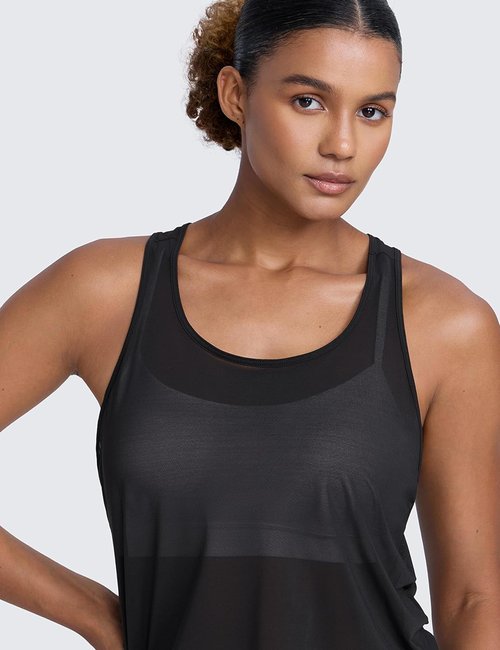 CRZ YOGA Mesh Workout Tank Tops for Women - Breathable Sheer Scoop Neck Sleeveless Summer Shirt