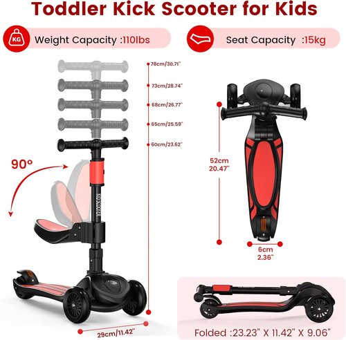 KickScoot 2-in-1 Adjustable Kick Scooter for Kids 3-12 | 5-Level Handlebar, Removable Seat & LED Wheels