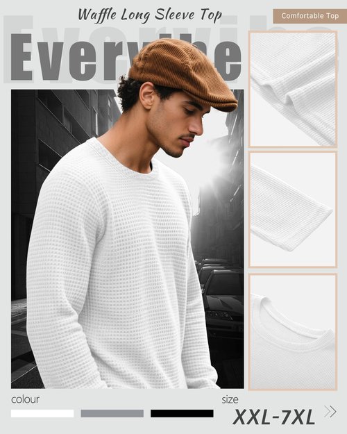 Evervibe 3 Pack Men's Big and Tall Long Sleeve Shirts, Waffle Crew Neck Thermal Underwear Tops Lightweight Casual Undershirts(Black, White, Gray,3X-Large)