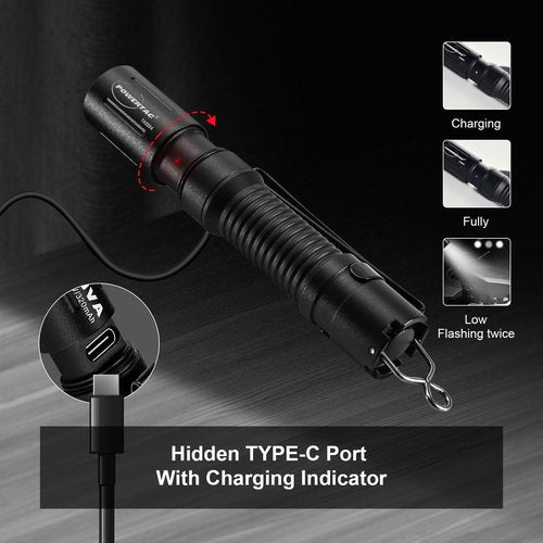 PowerTac E3R Nova 820 Lumen Mini Keychain Flashlight - USB-C Rechargeable, Swivel-Covered Charging Port, IPX8 Waterproof, Dual-Way Clip, Compact EDC Light for Camping, Hiking, Everyday Carry