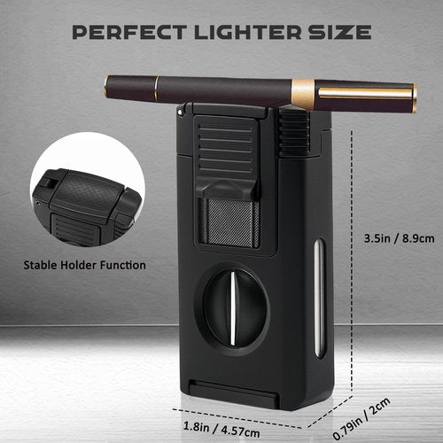 VloEssic 5-in-1 Dual Jet Flame Butane Torch Lighter Built-in V Cutter, Punch, Holder, Draw Enhancer Tool, Windproof Refillable Butane Lighter Gift for Men, Cool Lighters for Candle, Outdoor (No Gas)